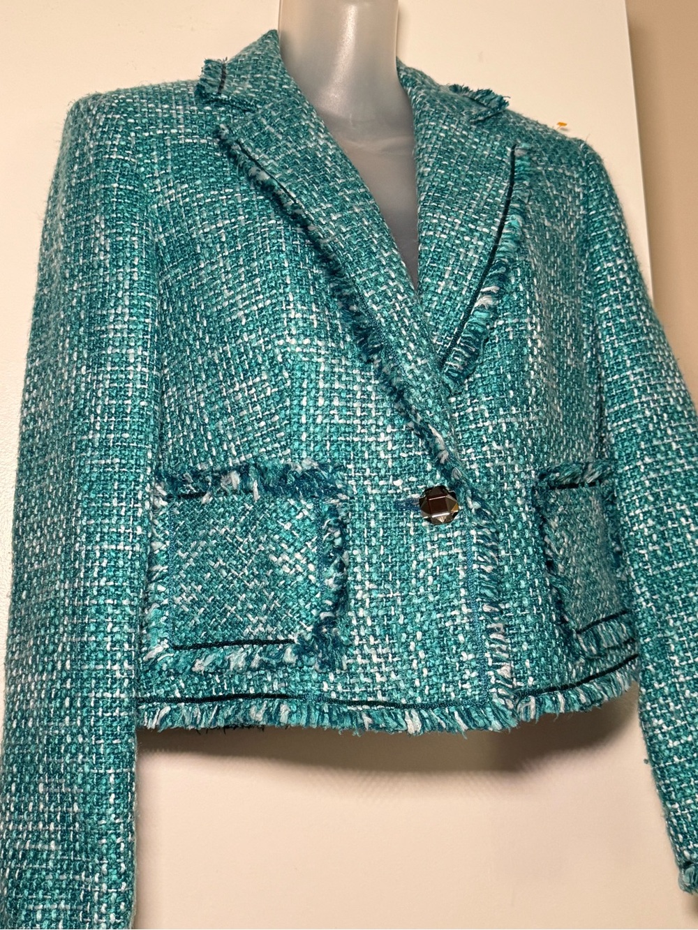 Style & Co. Teal Tweed Frayed Hem Cropped Blazer